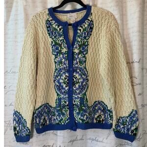 Vintage Tanner Sport Beige Cardigan Sweater L Ramie Cotton Floral Embroidery